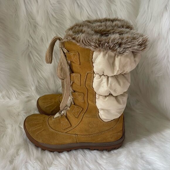 Timberland wheat leather suede &beige nylon lace up Mid calf boots  SZ8.5M - Picture 3 of 9